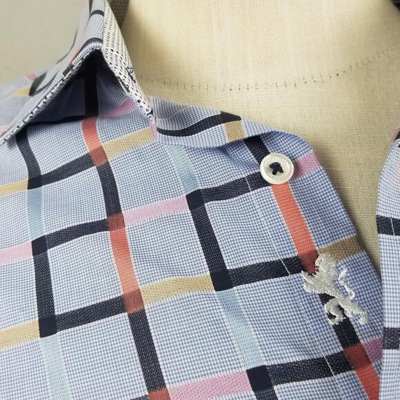 Bugatchi Uomo Shirt Mens Large Blue Multicolor Plaid Classic Fit Contrast Cuff - Picture 4 of 13